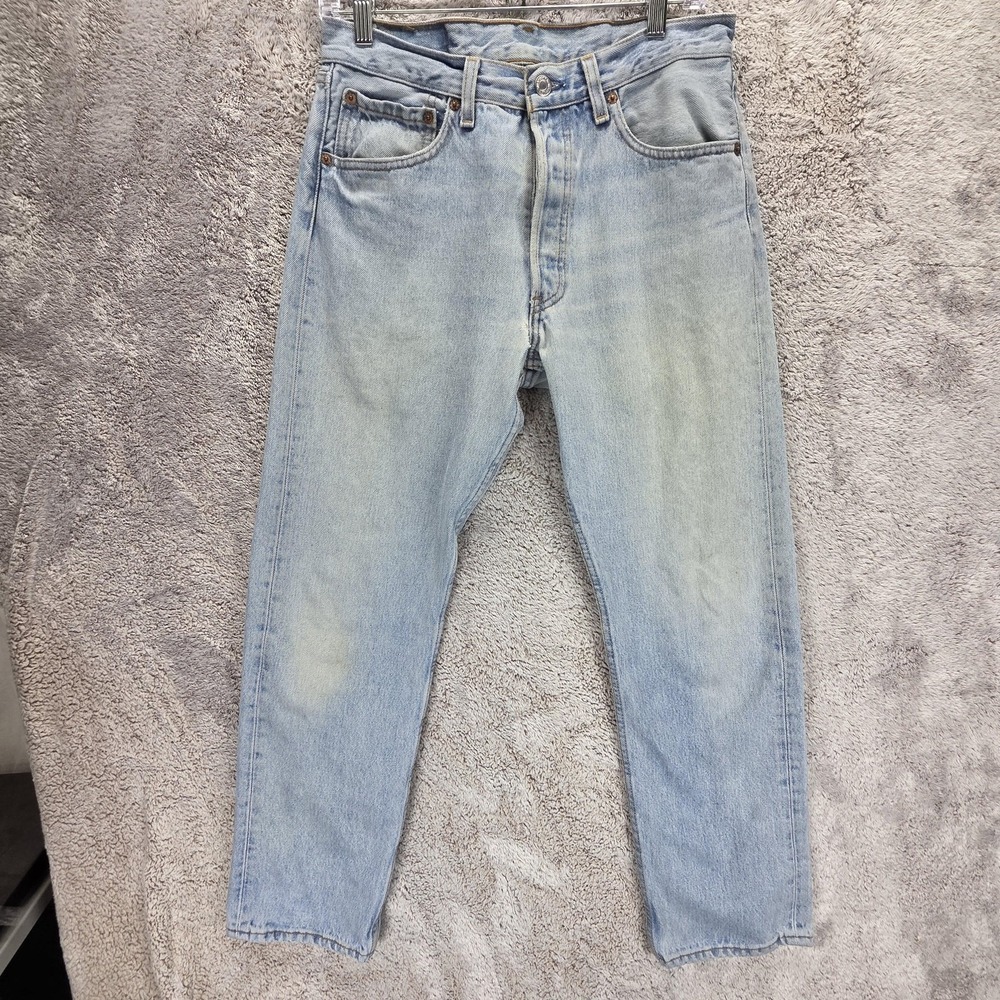 Vintage Levis 501 Jeans Mens Blue Light Wash Made USA Button Fly Fits 28x28